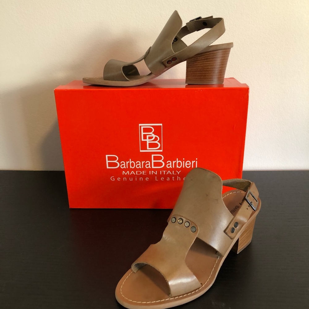Brown/forest leather gladiator block heel